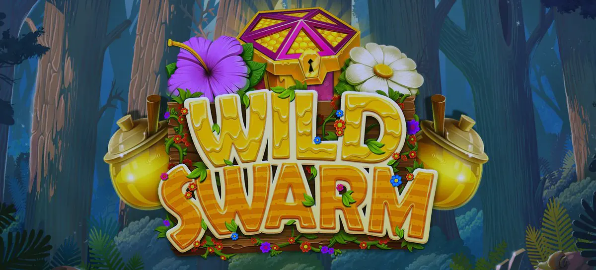 Wild Swarm slot title screen showing a honeycomb-and-wood “WILD SWARM” logo decorated with flowers and leaves, with a large purple blossom, a white daisy, golden honey pots, and a misty forest background.