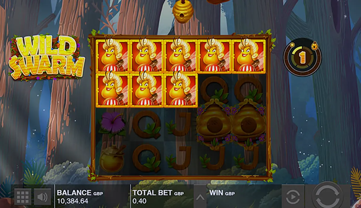 Wild Swarm slot gameplay screen in a dark forest, with a cluster of golden bee character symbols across the top reels, honey pot icons and card letters (Q/J) below, the “WILD SWARM” logo on the left, and the bet/balance UI bar along the bottom.
